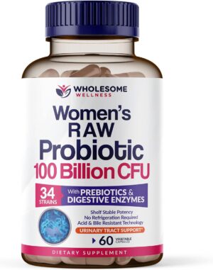 Wholesome Wellness Dr. Formulated Raw Probiotics for Women 100 Billion CFUs Capsules with Prebiotics, Digestive Enzymes, Approved for Adults, Shelf Stable Supplement