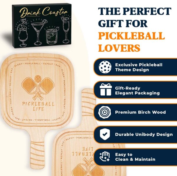 Pickleball Drink Coasters, 2 Pack, Pickleball Gift for Men Women Pickleball Lovers, Party Decoration, Birch Wood Coaster Set, 4.3 x 4.3”, Paddle Shape with Handle