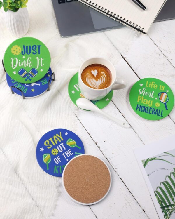 Pickleball Gifts for Women Men Pickleball Lovers 6Pcs Coasters for Drinks Absorbent Ceramic Stone Coasters with Metal Holder Stand Cup Placemat Funny Christmas Pickleball Gift Idea Home Decor