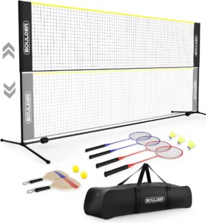 Boulder Sports All-in-One Pickleball & Badminton Set - Portable, Adjustable Net with Paddles & Rackets