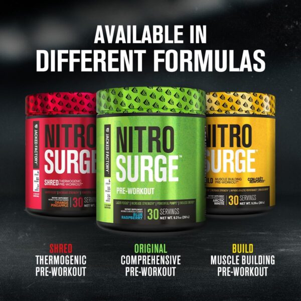 Jacked Factory NITROSURGE Pre Workout Supplement - Energy Booster, Instant Strength Gains, Clear Focus & Intense Pumps - NO Booster & Powerful Preworkout Energy Powder - 30 Servings, Blue Raspberry