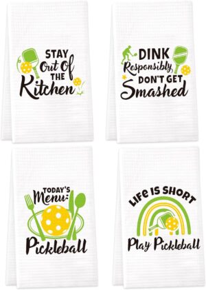 Vansolinne Pickleball Gift Christmas Pickle Ball Gift Kitchen Towels Set of 4 Dish Towels White Kitchen Hand Towels Kit Novelty Gifts for Sports Player Coach Teacher Dad Mom