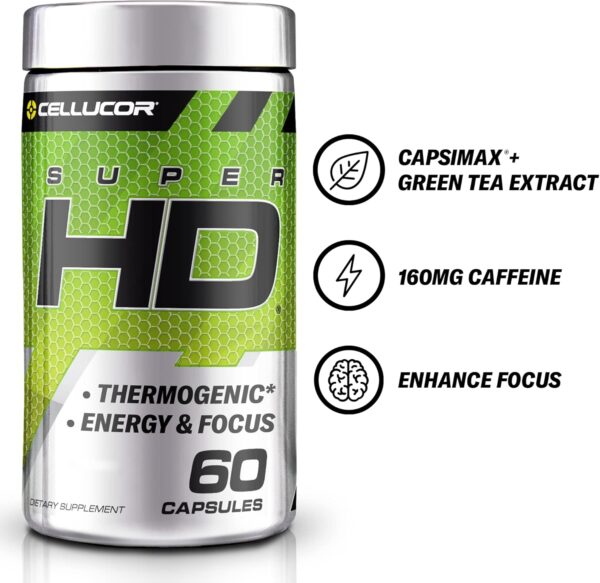 Cellucor SuperHD Thermogenic Fat Burner Weight Loss Supplement, Appetite Suppressant, & Energy Booster Capsimax, Green Tea Extract, 160mg Caffeine & More 60 Capsules (Packaging May Vary)