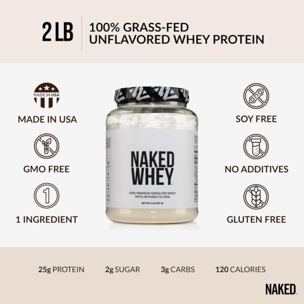 NAKED Whey 2LB 100% Grass Fed Whey Protein Powder - Only 1 Ingredient, Unflavored Whey Protein, Undenatured, Gluten Free, Soy Free, No GMOs, No Preservatives