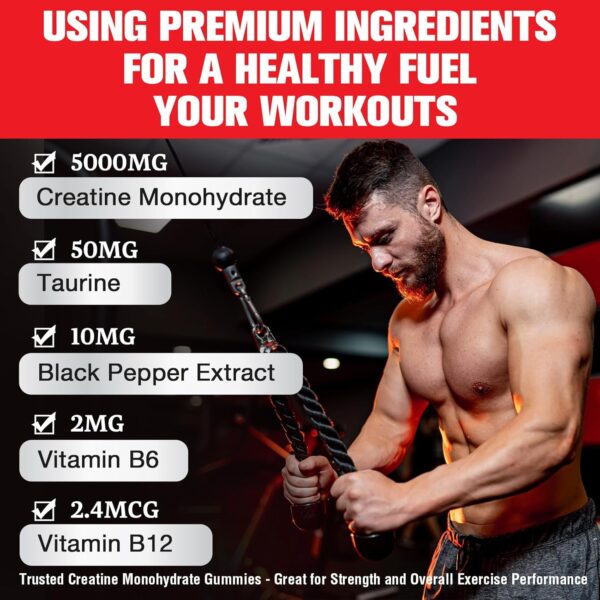 Creatine Monohydrate Gummies for Men & Women - Creatine Pre-Workout Gummies with Taurine & Vitamin B6 B12 for Maximum Strength, Muscle, Energy, Endurance & Focus, Organic, Vegan - 120 Count