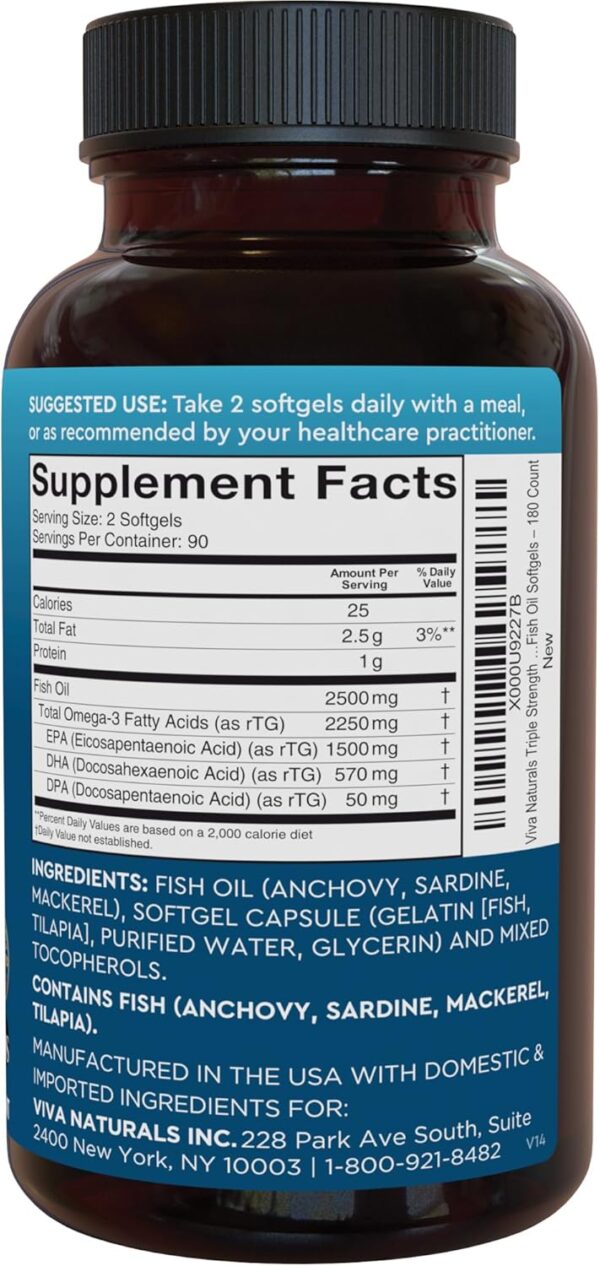 Omega 3 Fish Oil Supplement for Women and Men - 2500 mg Triple Strength Fish Oil Pills with Re-Esterified Omega 3 Fatty Acids including EPA, DHA DPA - 180 Pescatarian-Friendly Softgels