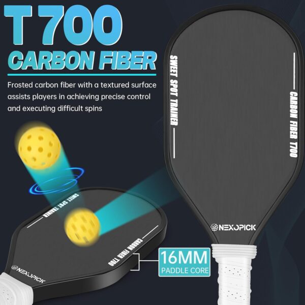 Pickleball Training Paddle, Sweet Spot Pickleball Trainer, T700 Raw Carbon Fiber with Frosted Surface, 16mm Core Mini Pickle Ball Practice Paddle, Extra Long Handle for Shot, Swing Training