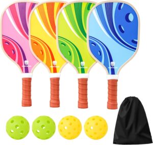 Pickleball Paddles Set of 4 UV Surface with 4 Pickleball Balls and Bag, Lightweight Polymer Honeycomb Non-Slip Grip for Beginners and Pros