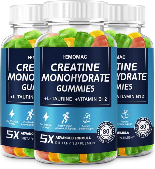 Creatine Monohydrate Gummies 5g for Men & Women, Creatine Gummy for Muscle Strength, Energy Boost, Workout Supplement, 3 Pack, Vegan