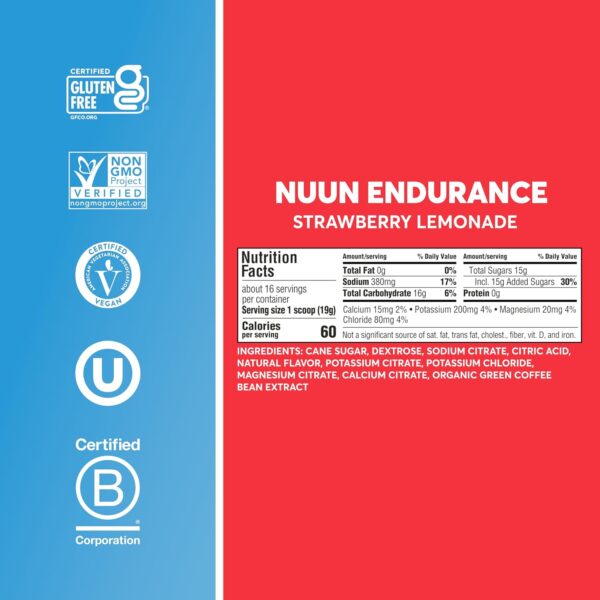 Nuun Hydration Endurance Powder, Strawberry Lemonade + Caffeine, Workout Support, 5 Essential Electrolytes for Hydration + Carbohydrates, Vegan, Non-GMO, (16 Servings - Canister)