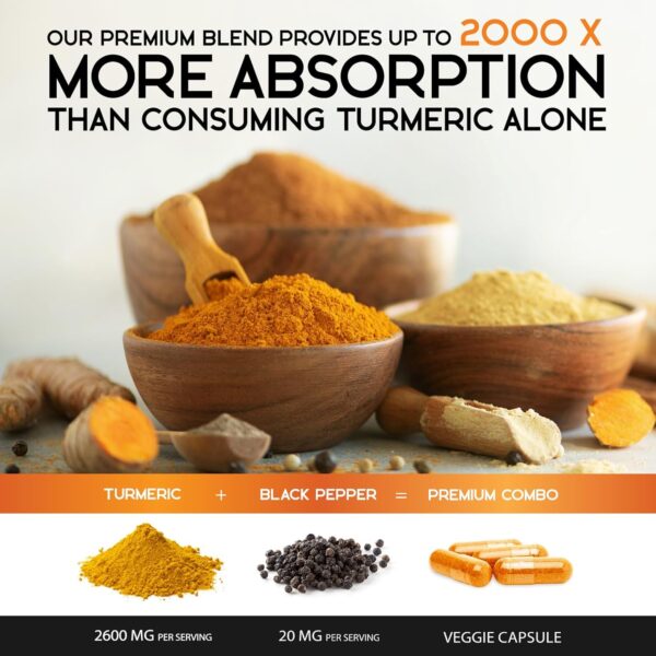 Turmeric Curcumin Supplement 2600mg with Black Pepper Extract 95% Curcuminoids - High Absorption Ultra Potent Turmeric Capsules with BioPerine, Nature's Tumeric Pills for Joint Support - 180 Capsules