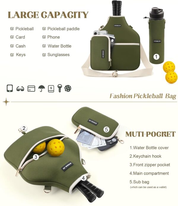 Pickleball Bag, 3-in-1 Mens and Womens Single Pickleball Sling Bag, Adjustable and Removable Sling Bag Water Bottle Bag and Mobile Phone Bag with Fence Hook Zippered Pockets (Bag Only)