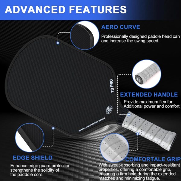 YYP Pickleball Paddles, 3K Raw Carbon Fiber Pickleball Paddle with High Grit & Spin, Ultra-Light Design, 16MM Polypropylene Honeycomb Core, Perfect for Professional Players