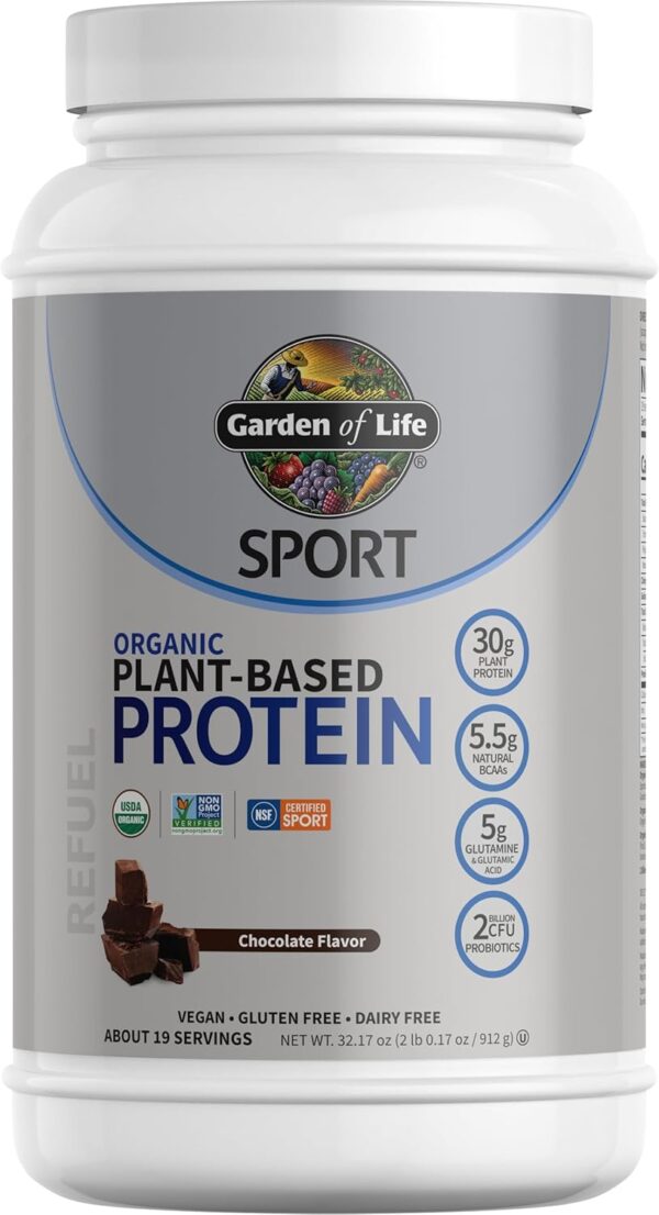 Organic Vegan Chocolate Protein Powder with Probiotics, BCAAs, 30g Plant Protein, NSF Certified, Gluten Free & Sport, Non GMO, Garden of Life Sport Protein Powder - 19 Servings