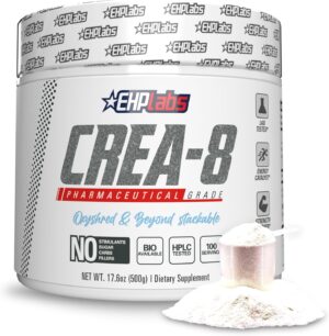 EHP Labs CREA-8 Creatine Monohydrate Powder - Unflavored Creatine Powder for Muscle Growth, Increased Strength, Enhanced Energy Output and Improved Performance - 100 Servings (500g)