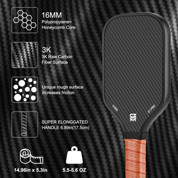 CZRR Pickleball Training Paddle, 3K Carbon Fiber Particle Paint Frosted Surface, 16mm Polypropylene Honeycomb Core Training Paddle with Extra Long Handle