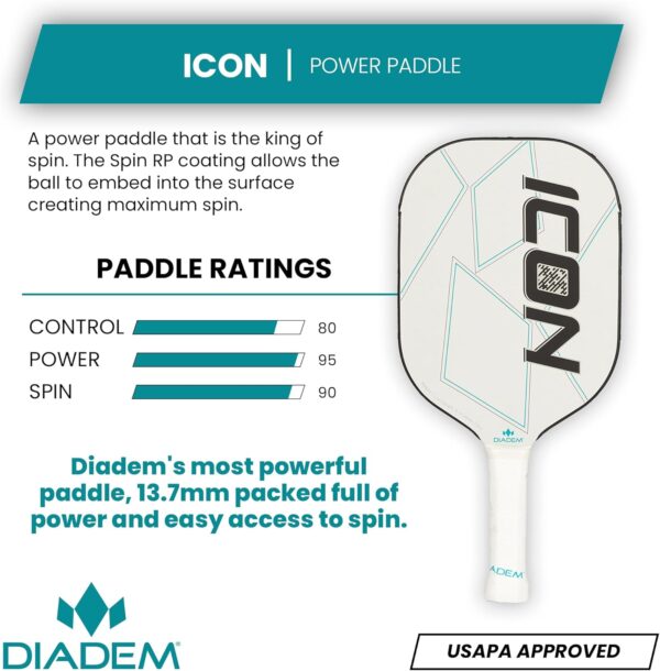 Diadem ICON Performance Pickleball Paddle | Graphite Carbon Fiber, Honeycomb Core, Fiberglass Face, Ultra Sleek Edge Guard, Spin Friendly | Indoor/Outdoor | USAPA Approved