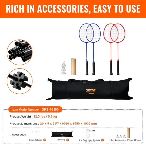 VEVOR Badminton Net, Height Adjustable Volleyball Net, 606 x 155 x 103 cm, Foldable Pickleball Net, Tennis Net Set with Poles, Stand, Bag, Rackets, Nylon Shuttlecocks, Badminton Net Set