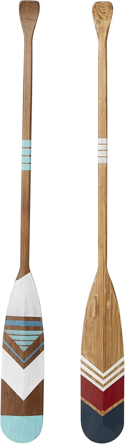 Deco 79 Wood Paddle Home Wall Decor Novelty Canoe Oar Wall Sculpture with Arrow and Stripe Patterns, Set of 2 Wall Art 6"W, 55"H, Multi Colored