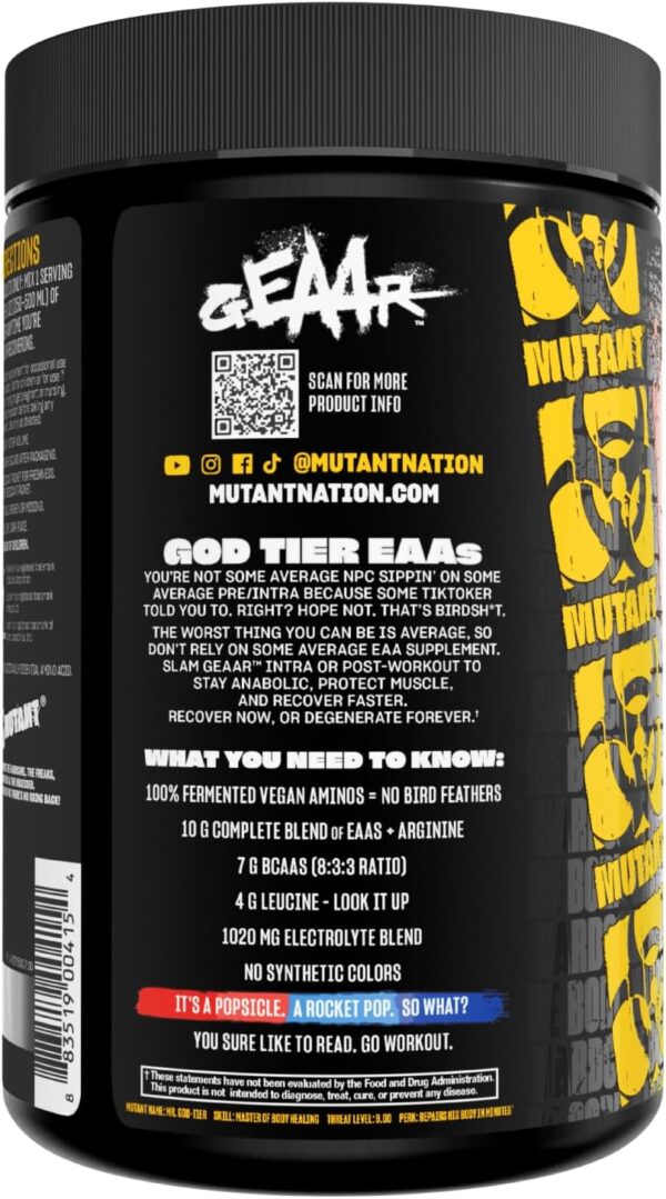 Mutant GEAAR - 9.4g of EAA Powder + Arginine, 7g BCAAs, 4g Leucine, Electrolytes, Coconut Water, No Artificial Colors or Flavors, Delicious Taste - 30 Servings - Rocket Pop - 400g