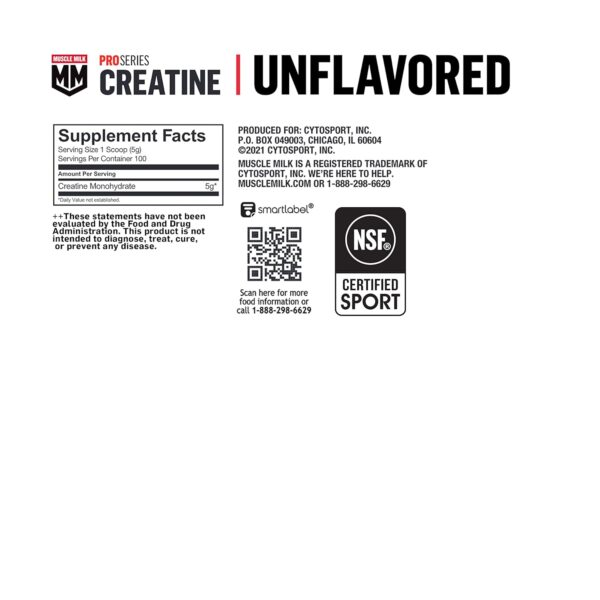 Muscle Milk Pro Series Creatine Powder Supplement, Unflavored, 1.1 Pound, 100 Servings, 5g Creatine Monohydrate, NSF Certified for Sport, Packaging May Vary