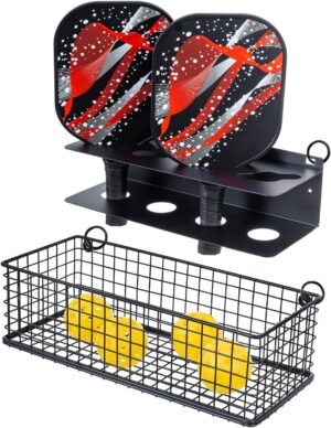 MyGift 16.5 Inch Black Metal Pickleball Paddle Rack and Ball Storage, Wall Mounted or Fence Hanging Equipment Organizer with Racket Holder and Basket for Balls
