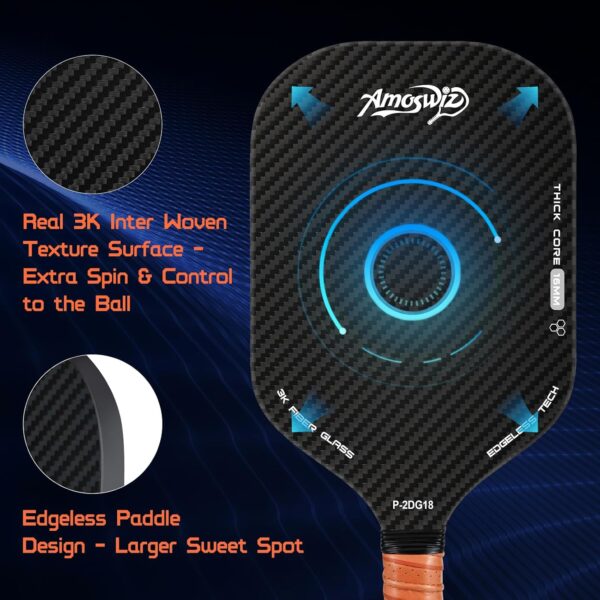 Pickleball Set of 2, Edgeless Pickleball Paddles with Real 3K Carbon Surface for Spin & Control, 16MM Enhanced Pickle Ball Paddles Set with Balls