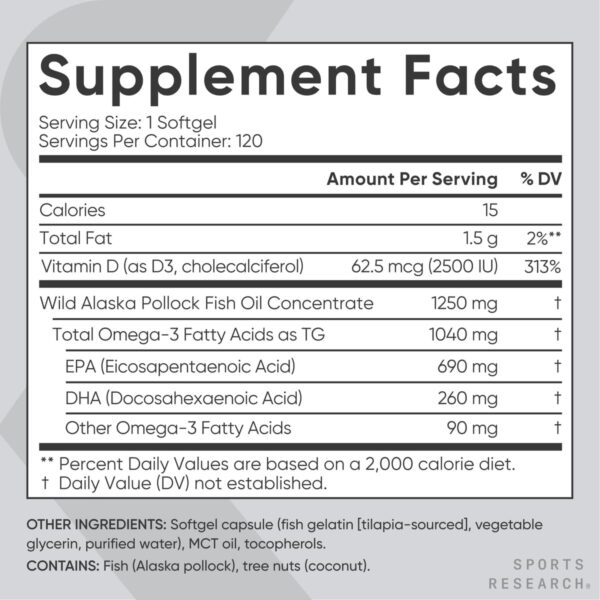 Sports Research Triple Strength 1040mg Omega-3 from Wild Alaska Pollock with Vitamin D3 2500iu | 2-in-1 Vitamin D & Omega DHA Fish Oil Supplement Supporting Heart Health - 120 Softgels