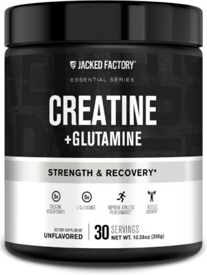 Jacked Factory Creatine + Glutamine - Creatine Supplement with L-Glutamine for Muscle Recovery, Muscle Growth, Increased Strength, Enhanced Energy Output, and Gut Health - 30 Servings, Unflavored