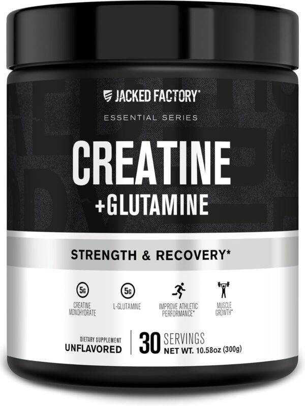 Jacked Factory Creatine + Glutamine - Creatine Supplement with L-Glutamine for Muscle Recovery, Muscle Growth, Increased Strength, Enhanced Energy Output, and Gut Health - 30 Servings, Unflavored