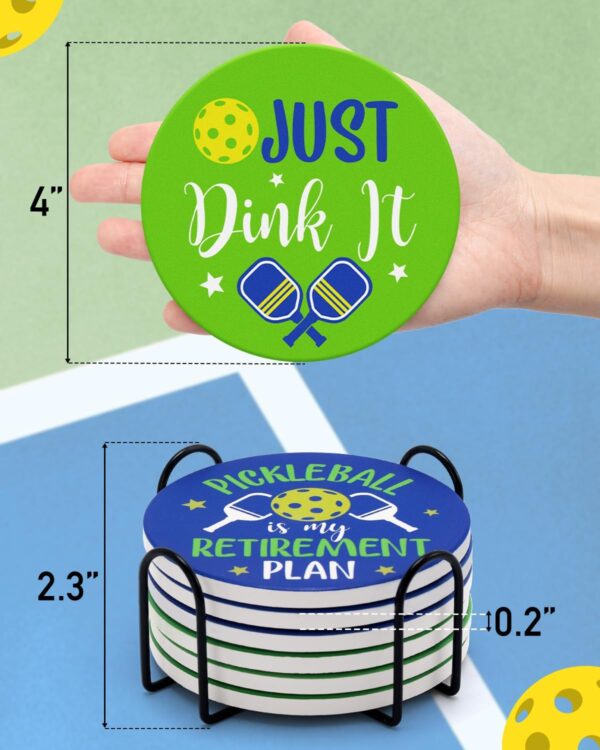Pickleball Gifts for Women Men Pickleball Lovers 6Pcs Coasters for Drinks Absorbent Ceramic Stone Coasters with Metal Holder Stand Cup Placemat Funny Christmas Pickleball Gift Idea Home Decor