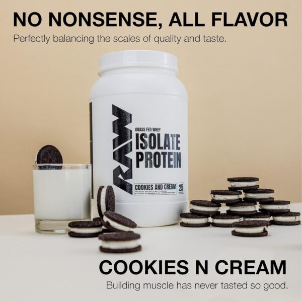 RAW Whey Isolate Protein Powder, Cookies N Cream - 100% Grass-Fed Sports Nutrition Protein Powder for Muscle Growth & Recovery - Low-Fat, Low Carb, Naturally Flavored & Sweetened - 25 Servings