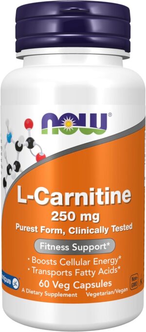 NOW Foods Supplements, L-Carnitine 250 mg, Purest Form, Amino Acid, Fitness Support*, 60 Veg Capsules