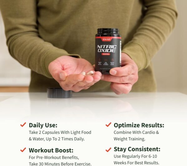 Snap Supplements Nitric Oxide Booster Supplement with L Arginine and L Citrulline Essential Amino Acids and Ginseng Root, Energy, Heart Health, Muscle Growth & Circulation Support, 60 Capsules