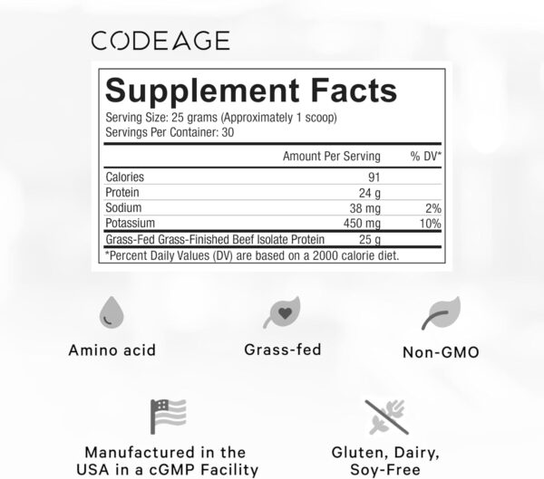 Codeage Grass-Fed Beef Isolate Protein Powder Supplement - 20 Amino Acids, Collagen-Rich - Athletes & Sports - Unflavored Carnivore Protein Supplement, BCAA & EAA Supplement - Gluten-Free - 26.45 oz