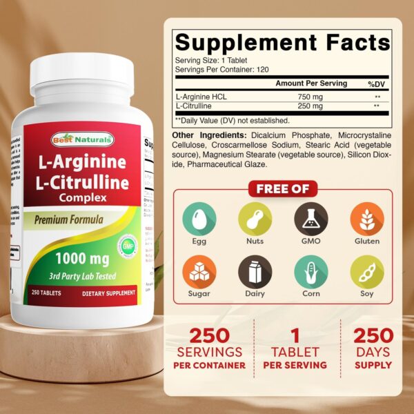 Best Naturals L-Arginine L-Citrulline Complex 1000 mg 250 Tablets (250 Count (Pack of 3))