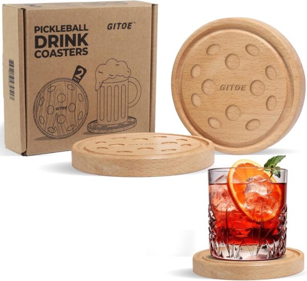 Pickleball Drink Coasters, 2 Pack Wood Coasters for Drink, Pickleball Themed Gifts for Men Women Pickleball Lovers, Coaches, and Teams, Home Kitchen Bar Pickleball Party Decoration