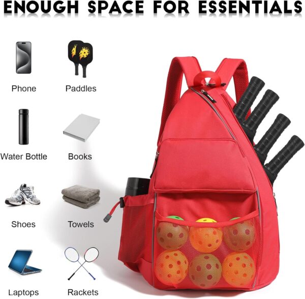 Sports Bag for Pickleball- Large Capacity Sports Bag for 4 Paddles, Adjustable & Multi-Functional - Ideal for Tennis, Squash, Cross-Body Sports Backpack with Fence Hook (Red)