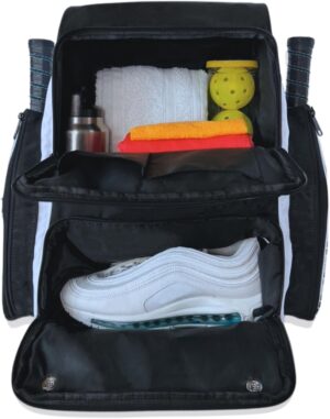 OLYMPIAN Dual Pickleball Backpack for Women and Men Hold 6+ Racket Paddles Quick Access Side Pocket X-Large Main Compartment Ventilated Shoe Storage, Water Resistant, Pickleball Balls Holder Geminate