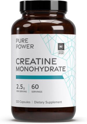 Dr. Mercola Pure Power Creatine Monohydrate, 60 Servings (120 Capsules) 2.5g Per Serving, Dietary Supplement, Strength and Energy, Non-GMO, NSF Certified for Sport, 2 Pack