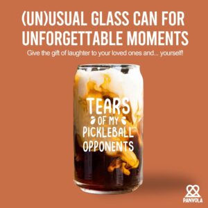 Panvola Tears of My Pickleball Opponents Pickleball Gifts Glass Cup with Bamboo Lids Glass Straw Beer Can Shaped Glass Iced Coffee Glasses Drinking Jars Beer Glasses Glass Cans 16oz