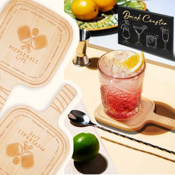 Pickleball Drink Coasters, 2 Pack, Pickleball Gift for Men Women Pickleball Lovers, Party Decoration, Birch Wood Coaster Set, 4.3 x 4.3”, Paddle Shape with Handle