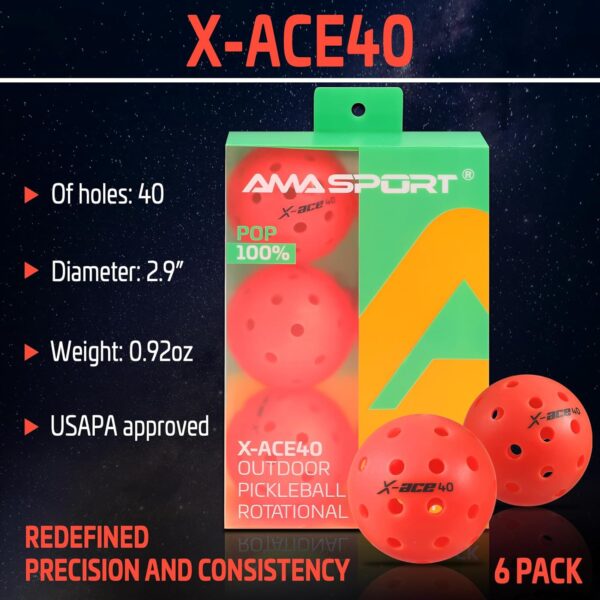 AMA Sport X-ACE Pickleballs - 40 Hole Outdoor Pickleball Balls- Crack-Resistant ONE Piece Balls - 100% POP for Immediate Feedback - Quick Start Tech and Advanced Performance