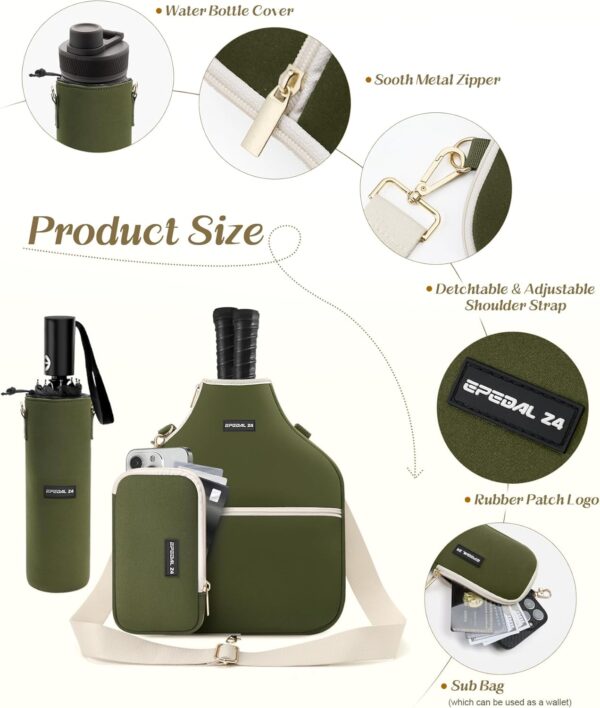 Pickleball Bag, 3-in-1 Mens and Womens Single Pickleball Sling Bag, Adjustable and Removable Sling Bag Water Bottle Bag and Mobile Phone Bag with Fence Hook Zippered Pockets (Bag Only)