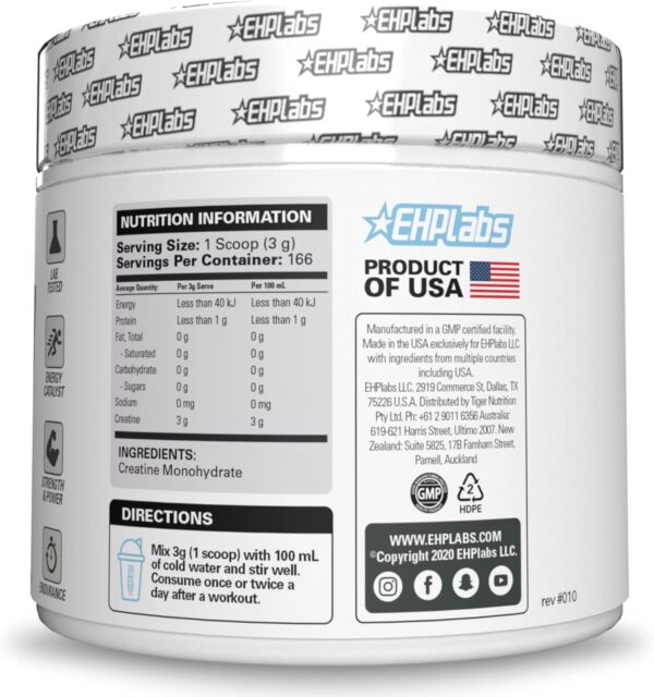 EHP Labs CREA-8 Creatine Monohydrate Powder - Unflavored Creatine Powder for Muscle Growth, Increased Strength, Enhanced Energy Output and Improved Performance - 100 Servings (500g)