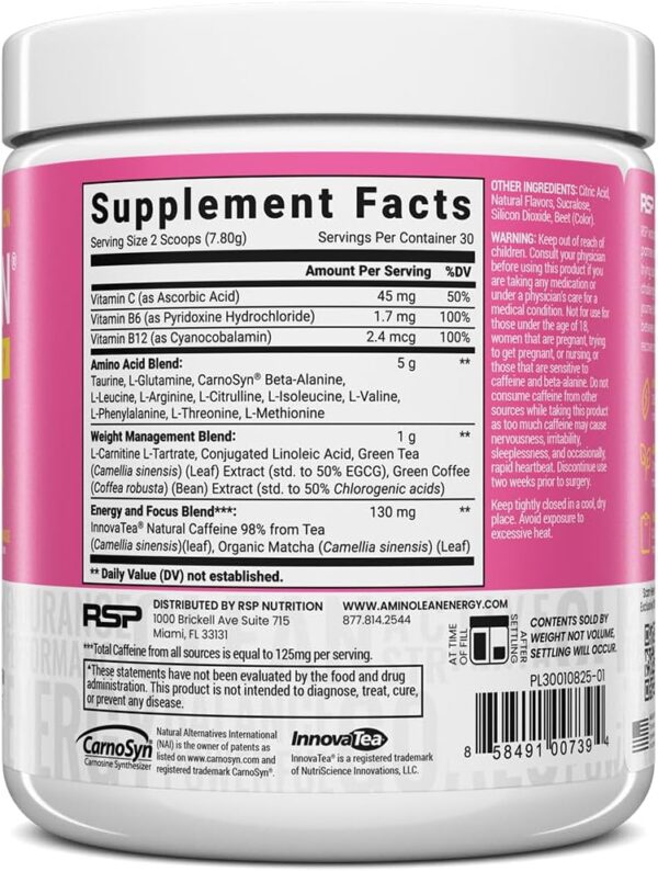 RSP NUTRITION AminoLean Pre Workout Powder, Amino Energy & Weight Management with Vegan BCAA Amino Acids, Natural Caffeine, Preworkout Boost for Men & Women, 30 Serv, Pink Lemonade…