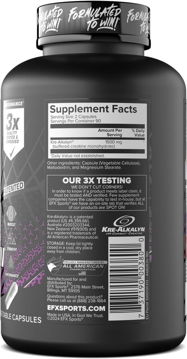 EFX Sports Kre-Alkalyn EFX | pH Correct Creatine Monohydrate Pill Supplement | Vegan Friendly | Strength & Muscle Growth | 90 Servings, 180 Veggie Capsules (Pack of 2)