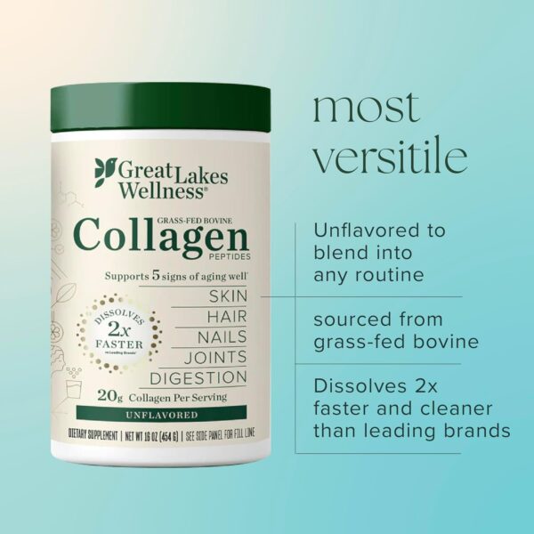 Great Lakes Wellness Collagen Peptides Powder for Skin, Hair, Nails, Joints & Digestion - Unflavored - Quick Dissolve Hydrolyzed, Non-GMO, Keto, Kosher - 16oz