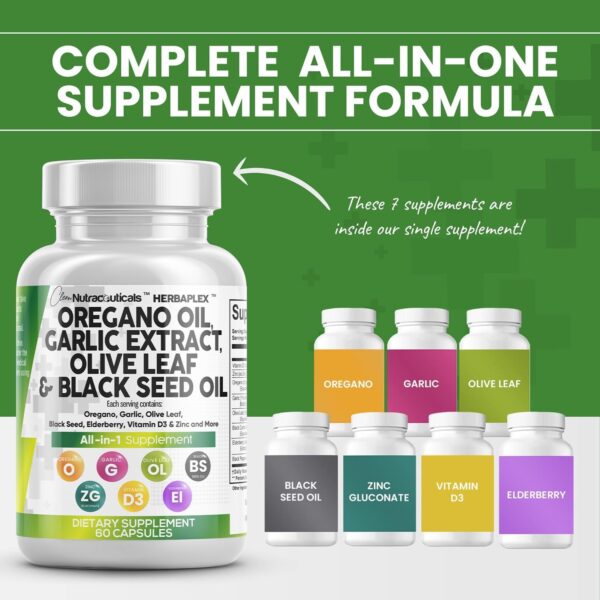 Clean Nutra Oregano Oil with Black Seed Oil Garlic Olive Leaf Extract - Oil of Oregano Capsules Immune Support Carvacrol & Thymoquinone Supplement for Women and Men + Elderberry Vitamin D3 & Zinc