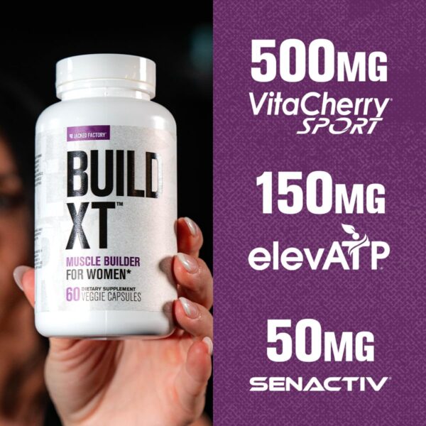 Jacked Factory Build-XT for Women - Muscle Builder for Women with VitaCherry, ElevATP, & Senactiv to Increase Muscle Growth, Muscle Recovery, & Boost Energy - 60 Count